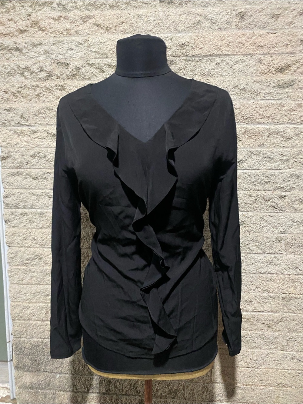 Ann Taylor Black Ruffle V-Neck Long Sleeve Blouse